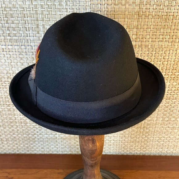 🌟HP🌟VTG 2000s 100% Wool Black Fedora w/ Feathers Lake of the Isles L/XL - Picture 8 of 12